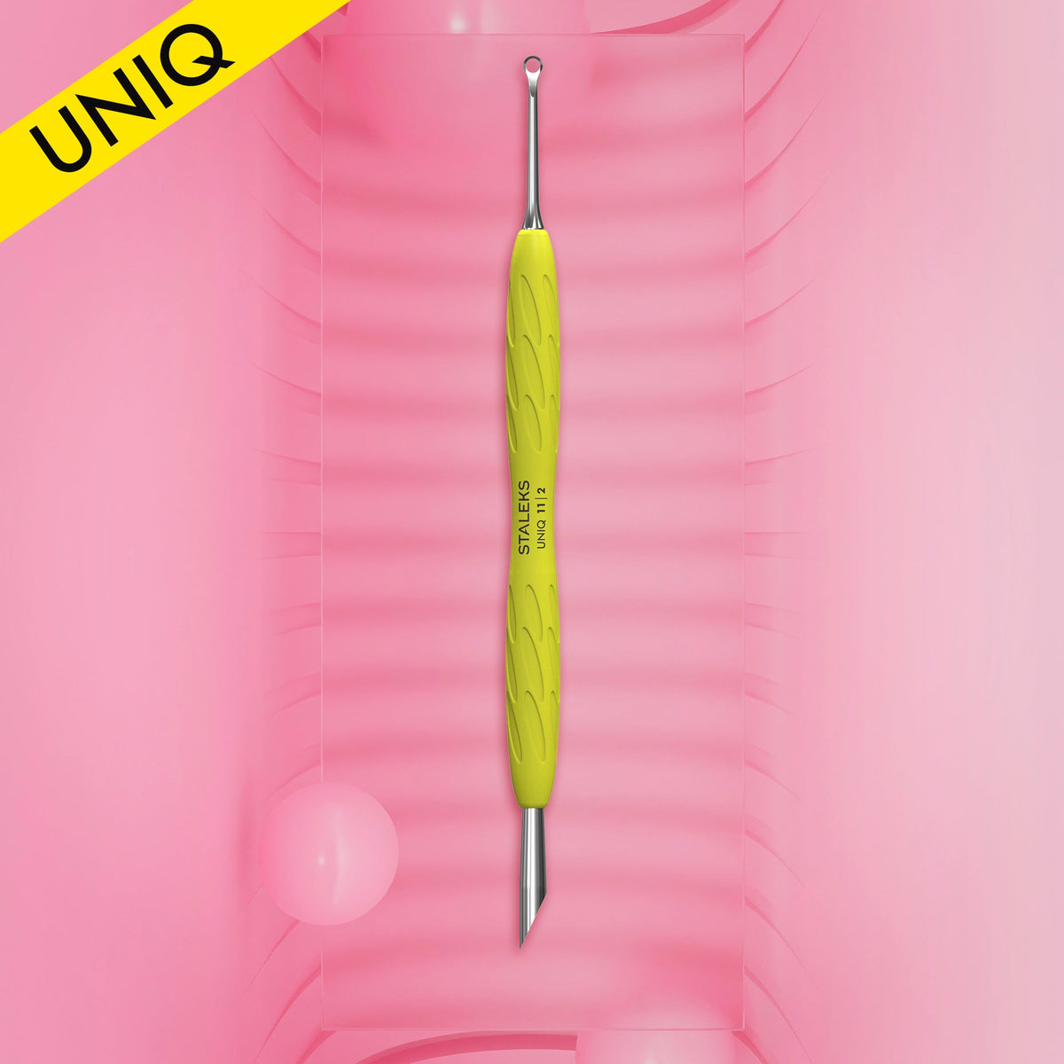 STALEKS Manicure pusher Gummy with yellow silicone handle UNIQ 11 TYPE 2 (beveled and loop pusher)