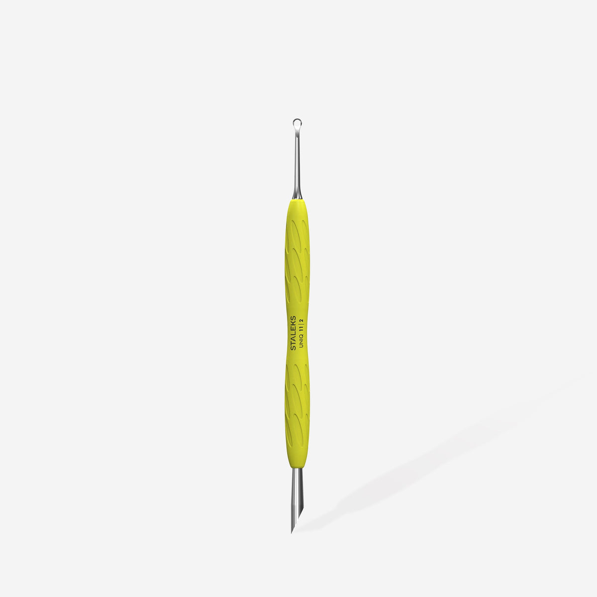 STALEKS Manicure pusher Gummy with yellow silicone handle UNIQ 11 TYPE 2 (beveled and loop pusher)