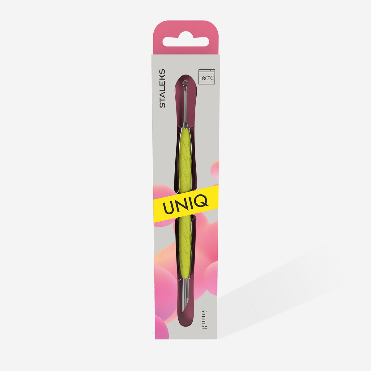 STALEKS Manicure pusher Gummy with yellow silicone handle UNIQ 11 TYPE 2 (beveled and loop pusher)