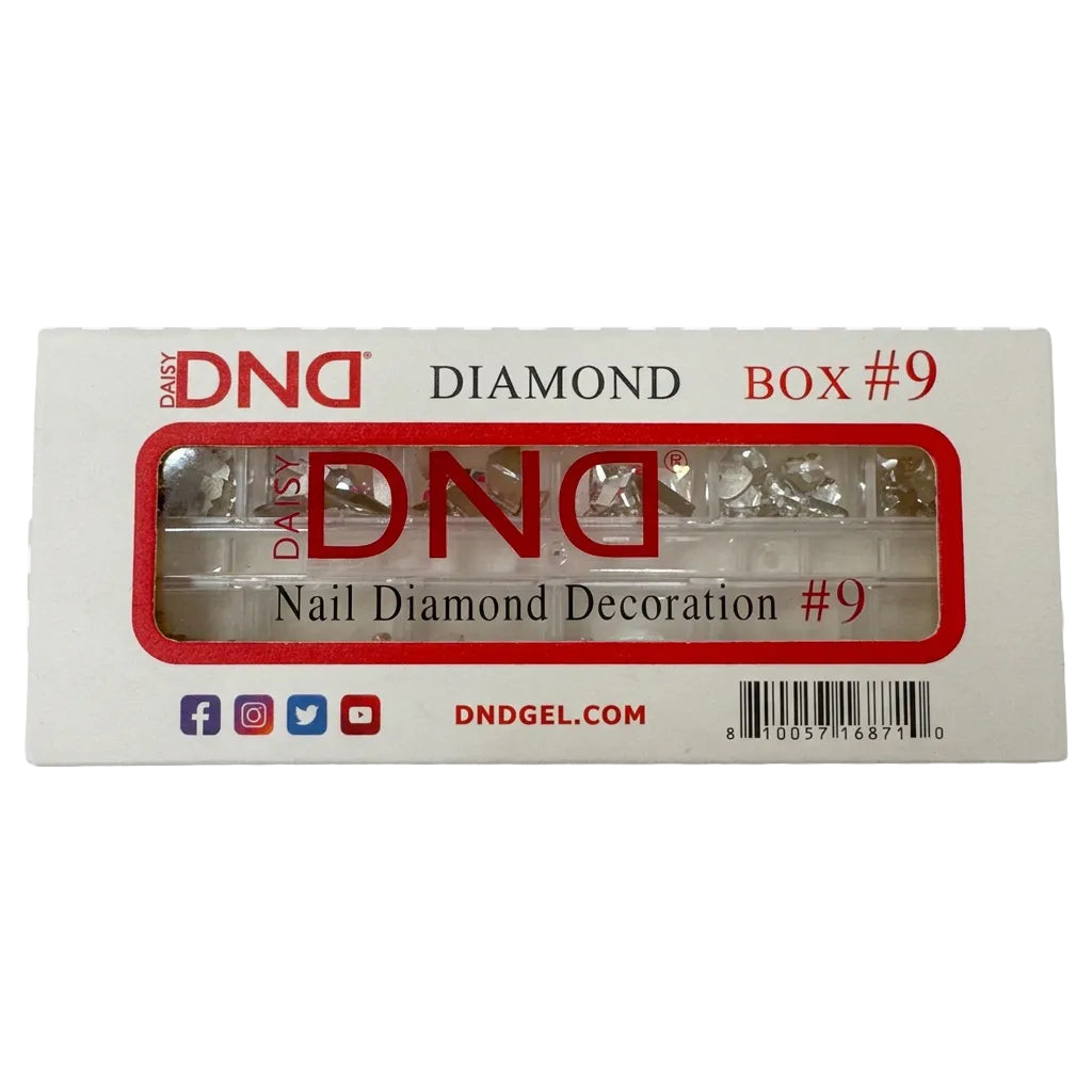 DND Diamond Box #9 Nail Diamond Decoration in its original white and red packaging, showing a window displaying the clear rhinestone nail gems inside.