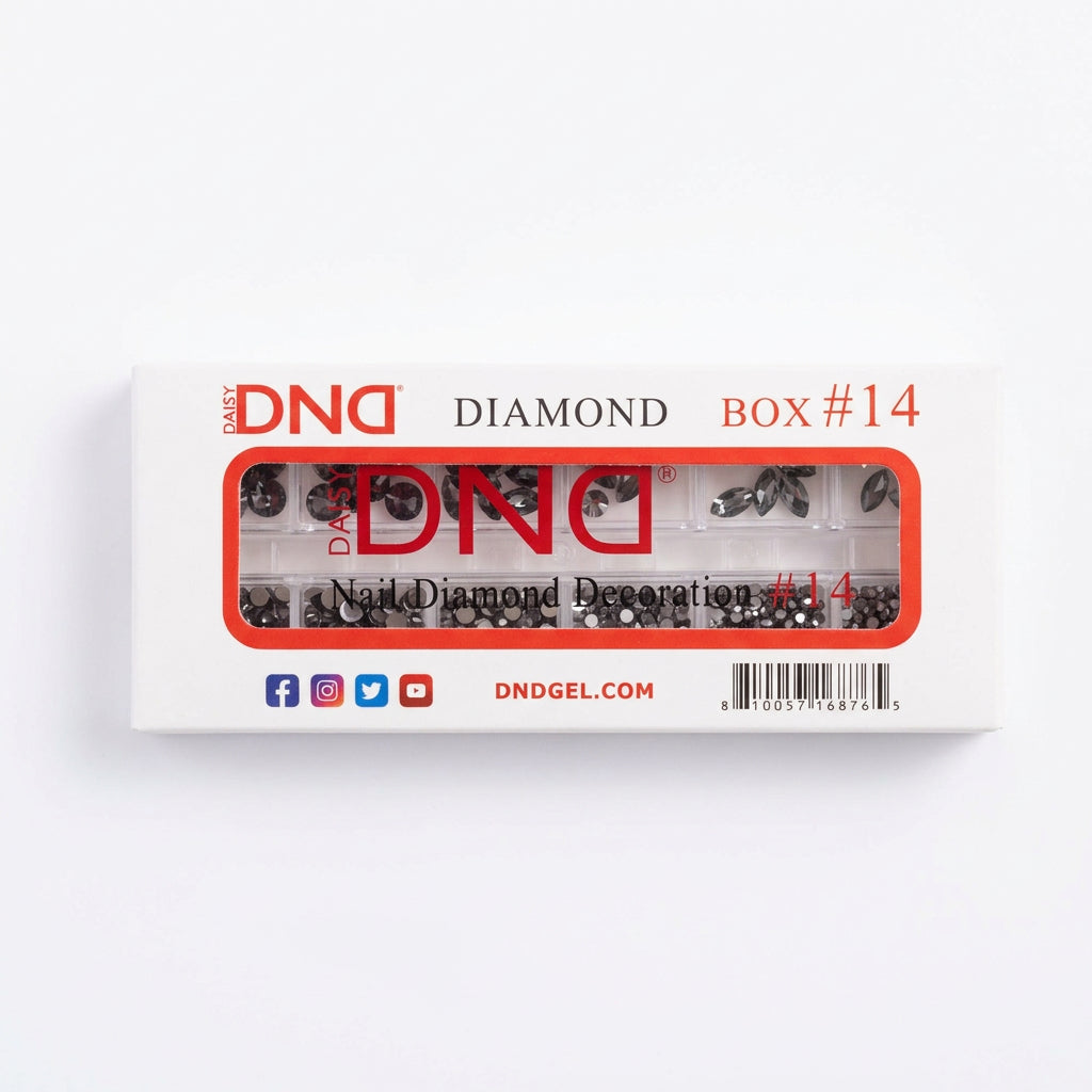 A package of DND Diamond Box #14 nail art glitter, showing the white cardboard box with a clear window displaying the silver and black glitter inside.