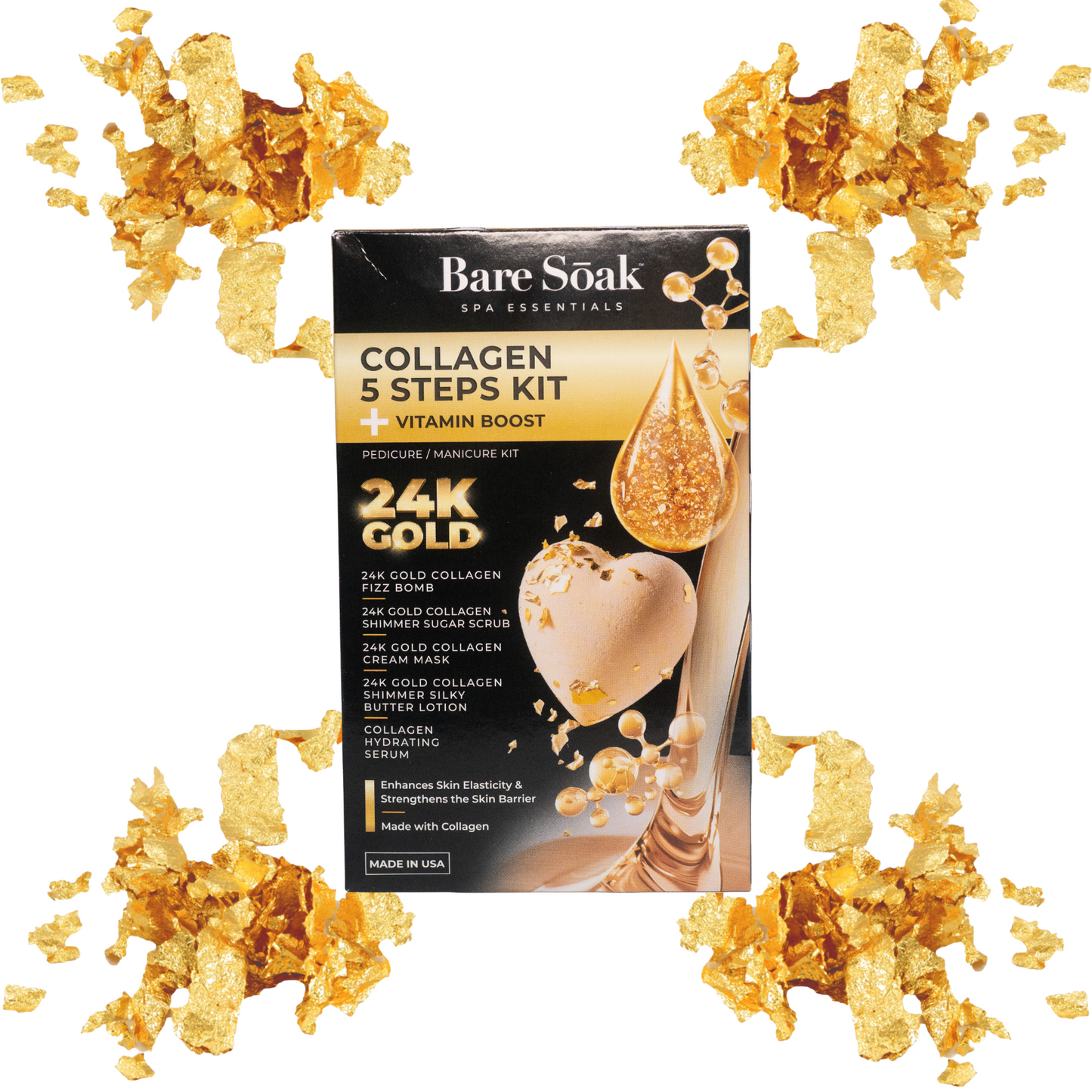Bare Soak | 5 Steps Collagen with Heart Fizz Bomb | 24K Gold Flakes kits